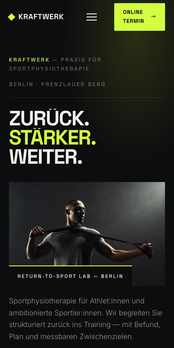 Konzeptstudie einer Praxis für Sportphysiotherapie in Schwarz und Neongelb, Handy-Ansicht
