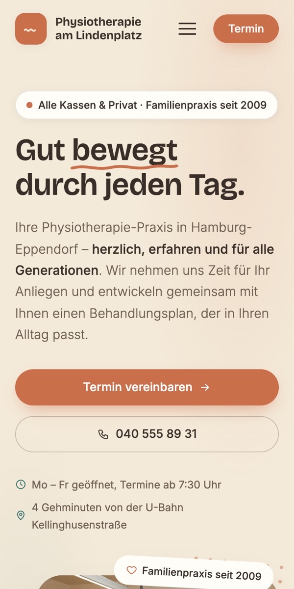 Konzeptstudie einer Physiotherapie-Praxis in warmen Farbtönen, Handy-Ansicht